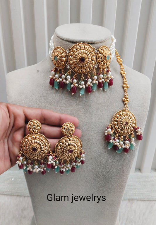 Ruby Sage Green Gold Punjabi Choker Indian Jewellery Birpal set