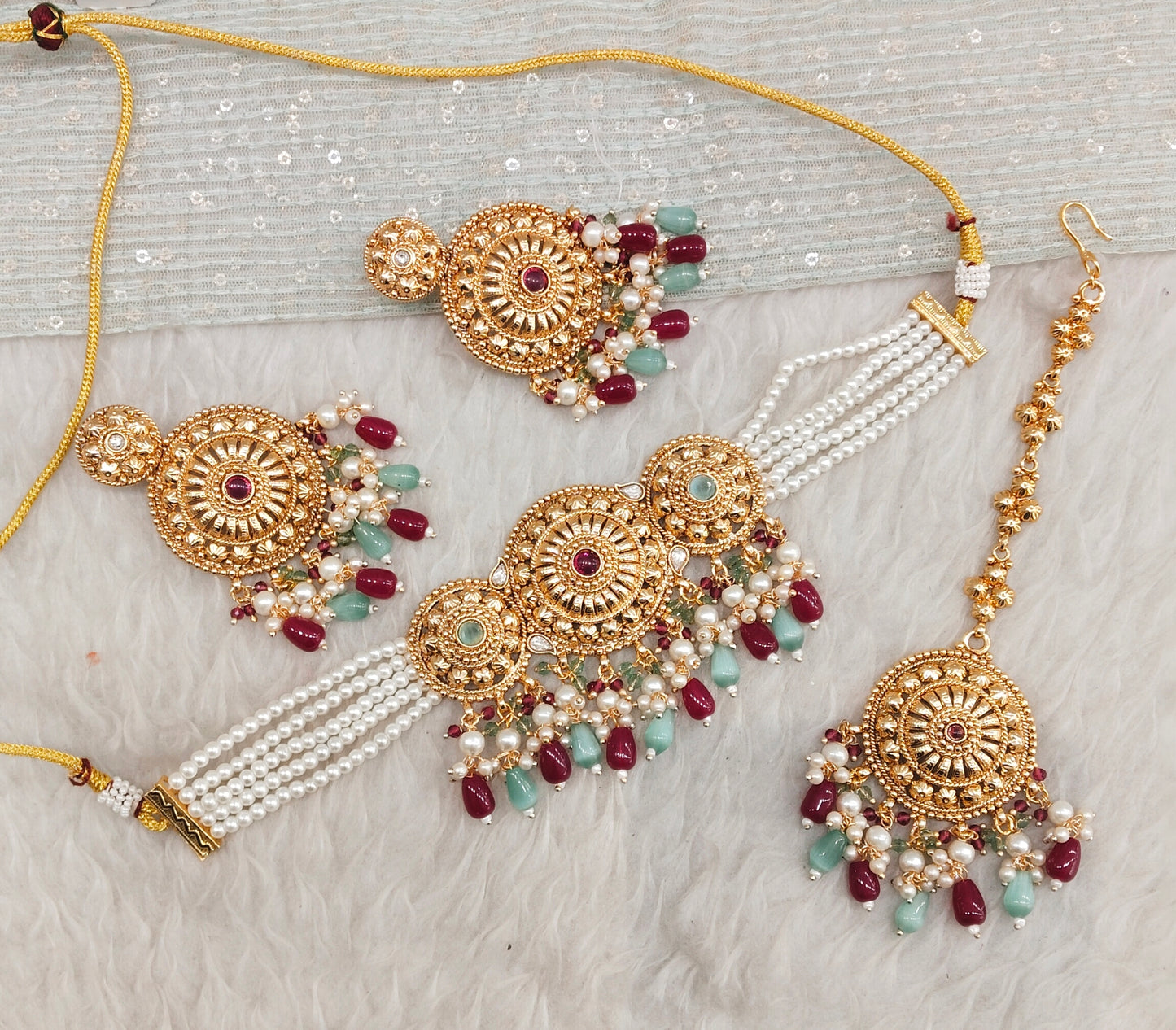 Ruby Sage Green Gold Punjabi Choker Indian Jewellery Birpal set