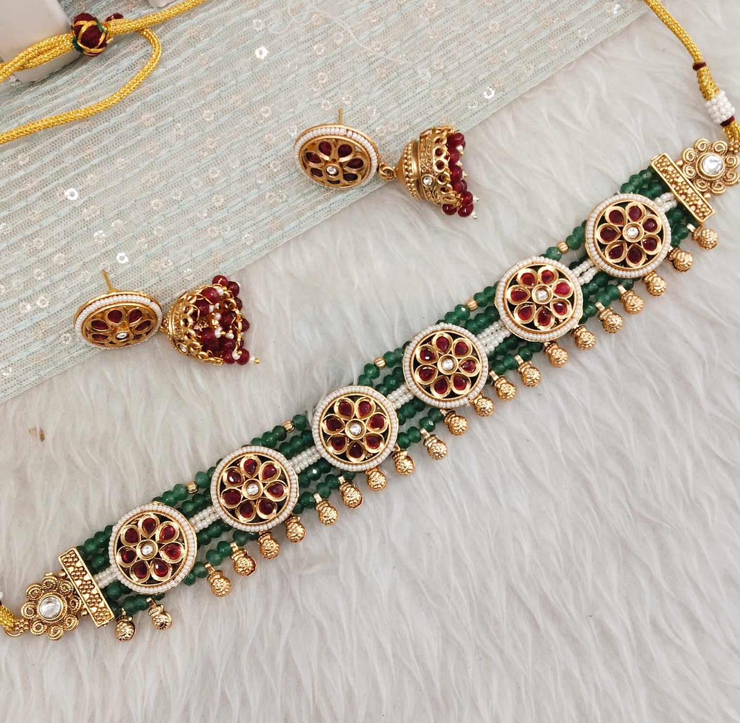 Ruby Sage Green Gold Polki Choker Indian Jewellery Rossy Set
