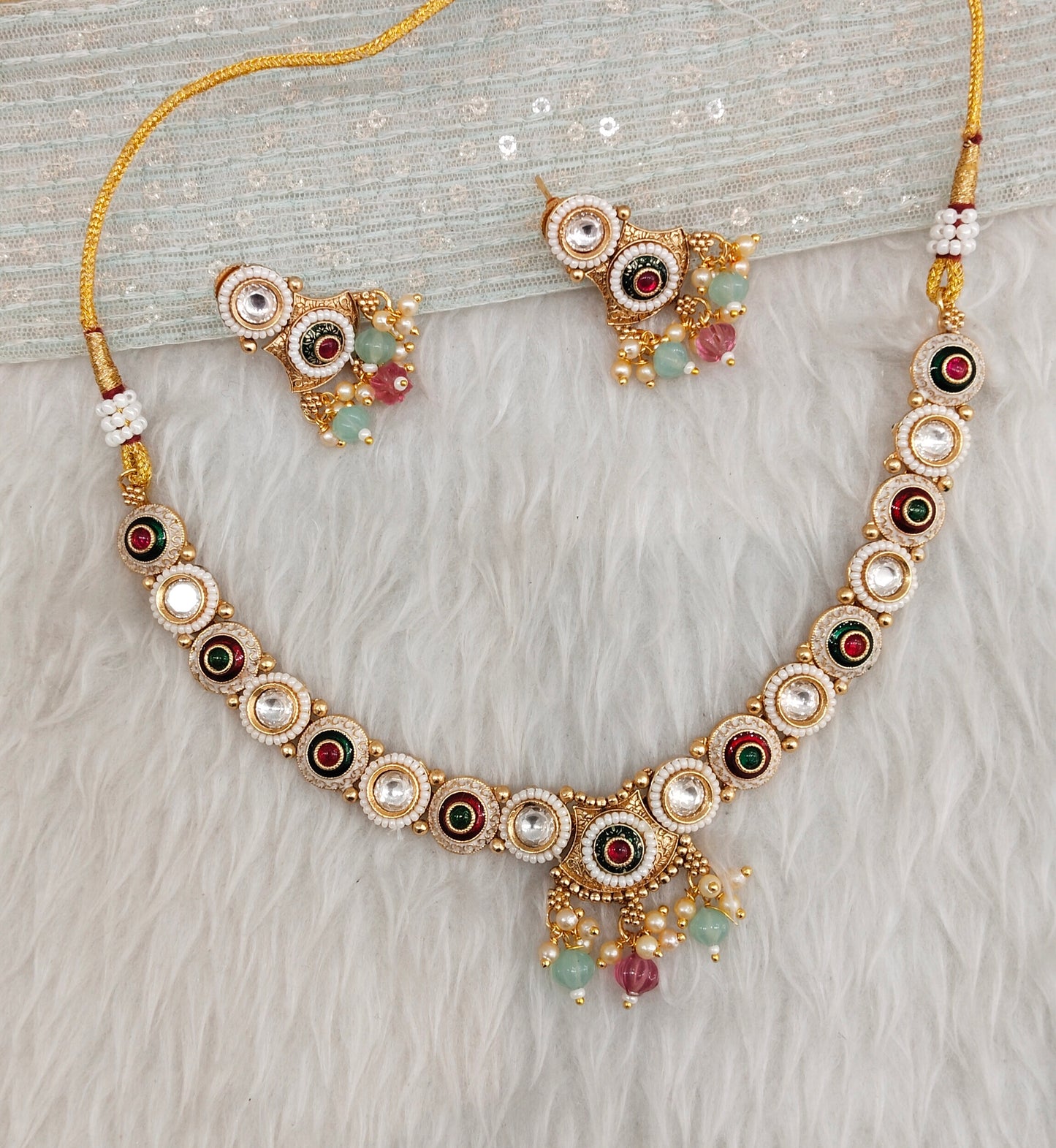 Ruby Green Mint Gold Polki Necklace Indian Jewellery Rana Set