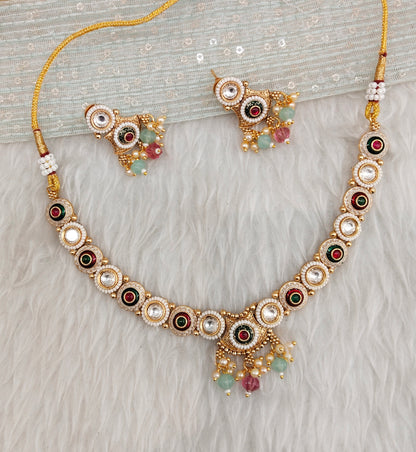 Ruby Green Mint Gold Polki Necklace Indian Jewellery Rana Set