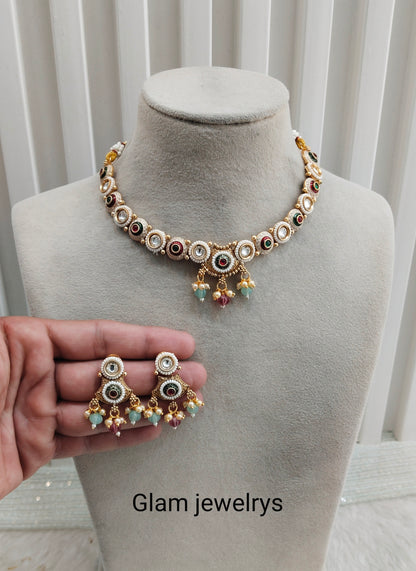 Ruby Green Mint Gold Polki Necklace Indian Jewellery Rana Set
