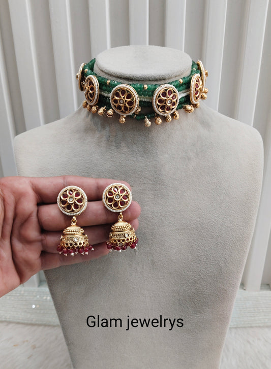 Ruby Sage Green Gold Polki Choker Indian Jewellery Rossy Set