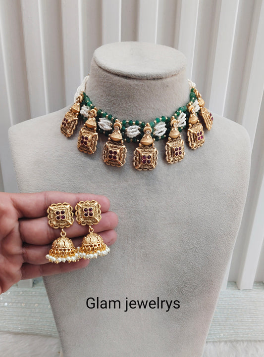 Ruby Sage Green Gold Polki Necklace Indian Jewellery Rana Set