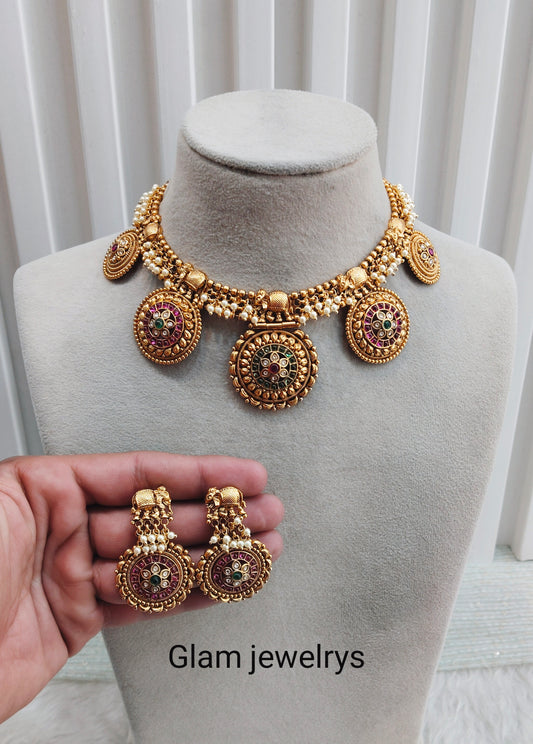 Ruby Green Gold Polki Necklace Indian Jewellery Rana Set