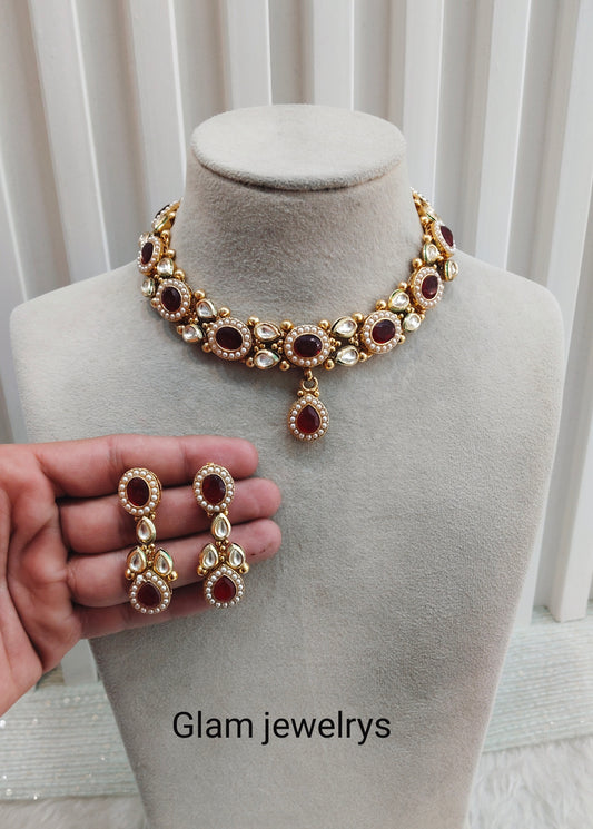 Ruby Gold Polki Necklace Indian Jewellery Maxwel Set