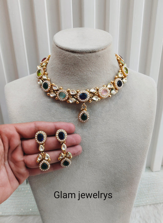 Multi Color Gold Polki Necklace Indian Jewellery Maxwel Set