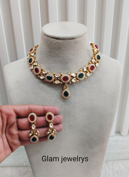 Ruby Green  Gold Polki Necklace Indian Jewellery Maxwel Set