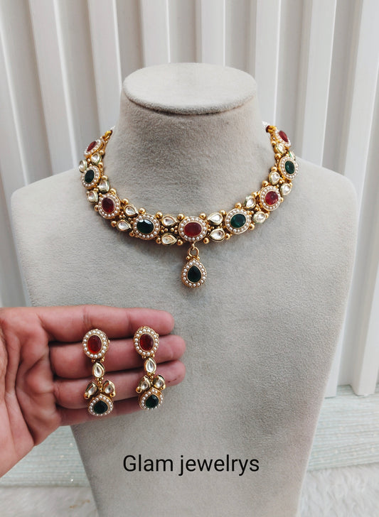 Ruby Green  Gold Polki Necklace Indian Jewellery Maxwel Set