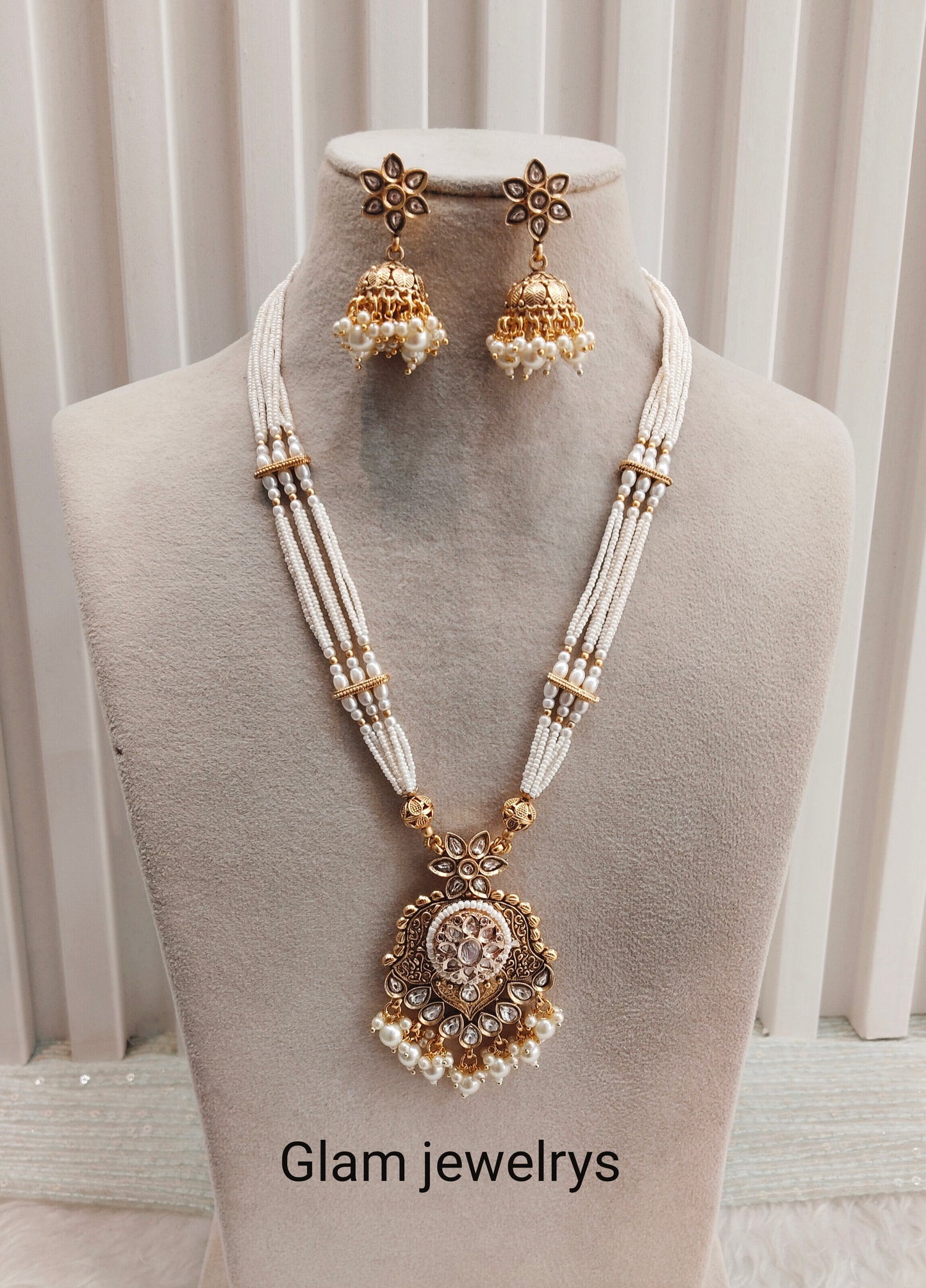 White Gold Polki Long Rani Haar Necklace Indian Jewellery Maxwel Set