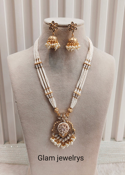 White Gold Polki Long Rani Haar Necklace Indian Jewellery Maxwel Set