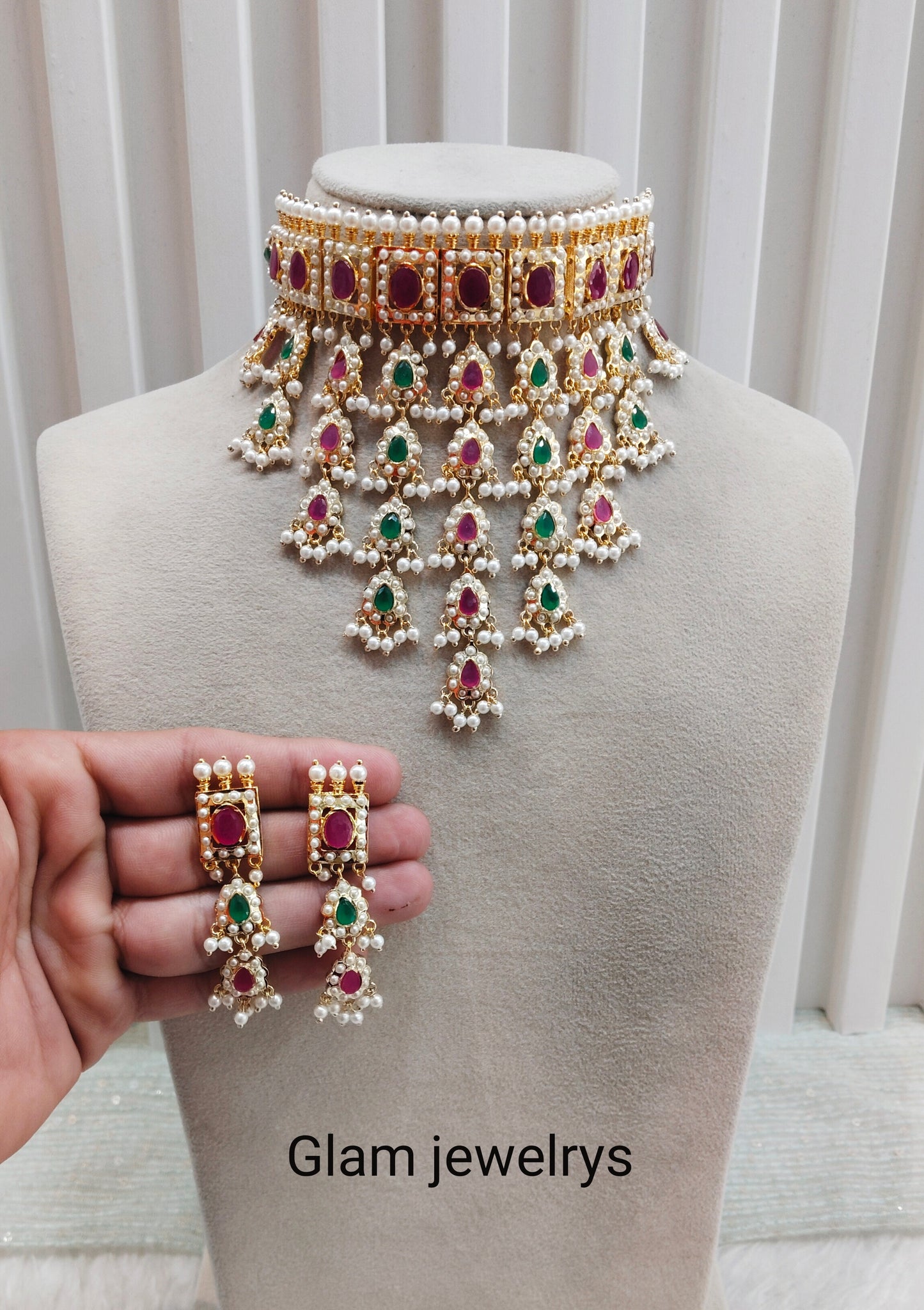 Ruby Green Jadau Punjabi Style Necklace Choker Indian Jewellery Smith Set