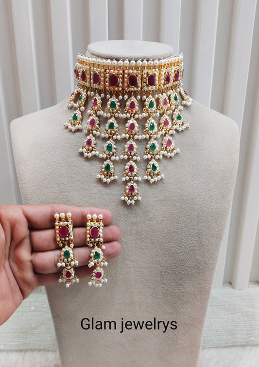 Ruby Green Jadau Punjabi Style Necklace Choker Indian Jewellery Smith Set