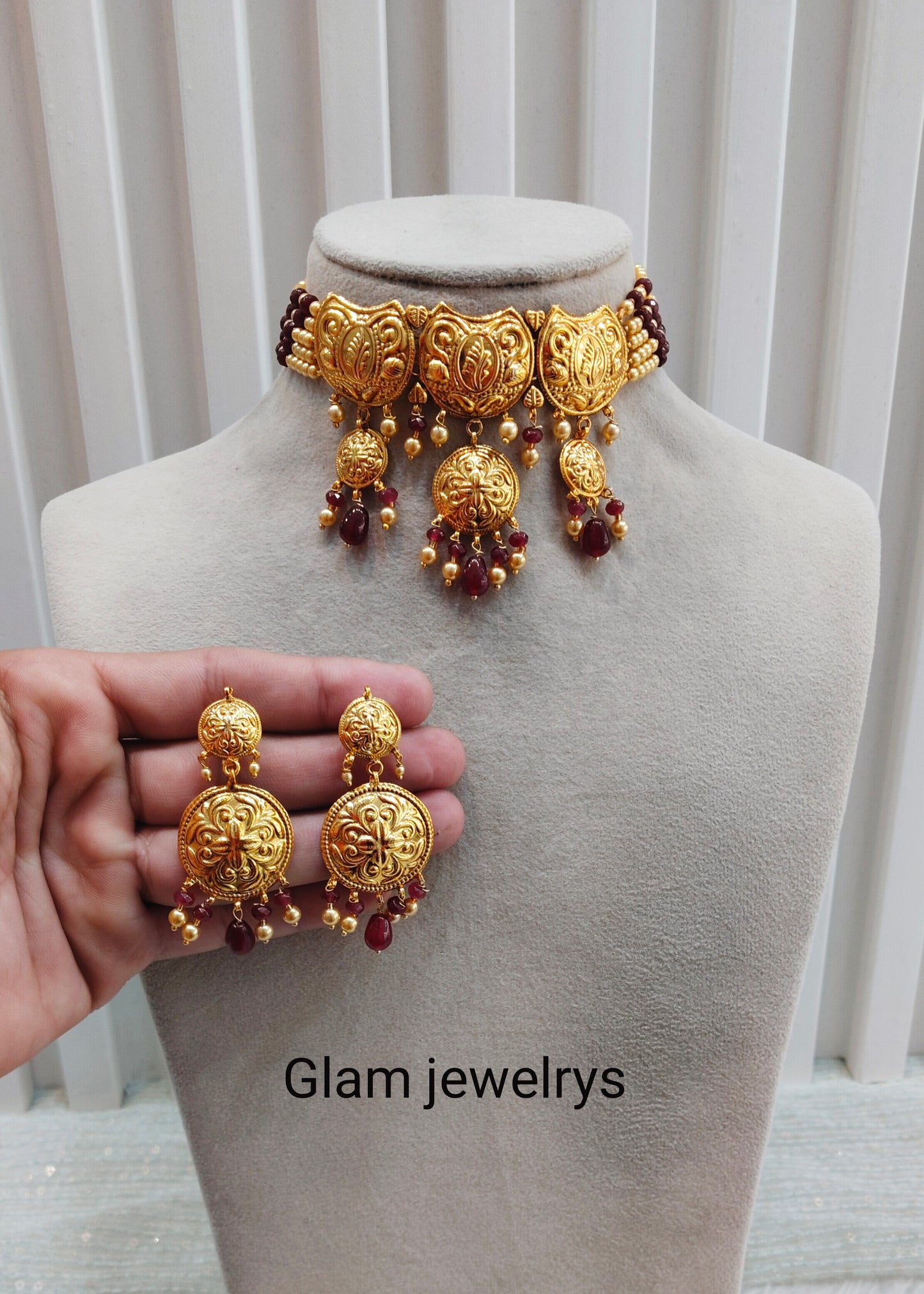 Maroon Gold Jadau Punjabi Style Choker Indian Jewellery Smith Set