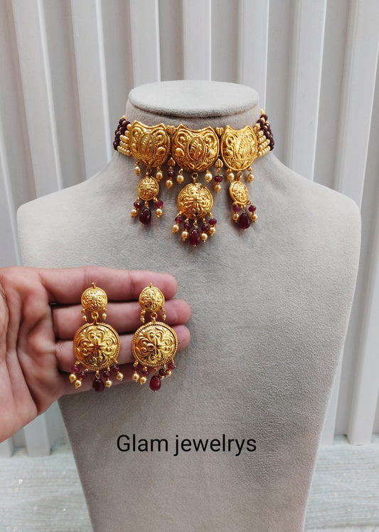 Maroon Gold Jadau Punjabi Style Choker Indian Jewellery Smith Set