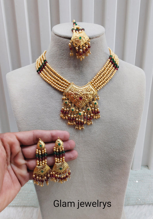 Ruby Green Gold Jadau Punjabi Style Necklace Indian Jewellery Smith Set
