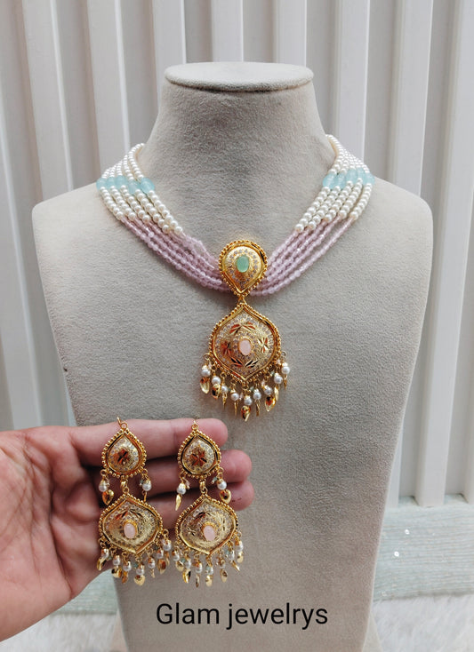 Mint Pink Gold Jadau Punjabi Style Necklace Indian Jewellery Smith Set