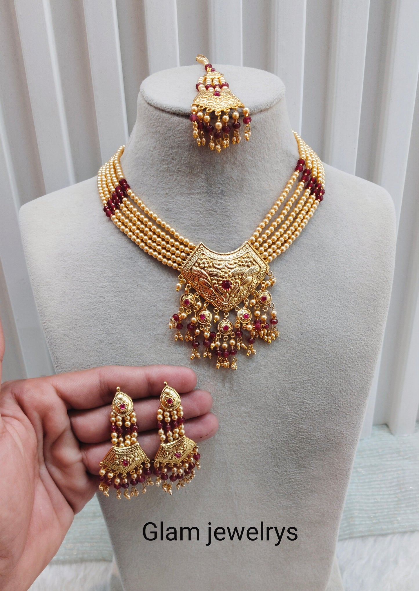 Ruby Gold Jadau Punjabi Style Necklace Indian Jewellery Smith Set