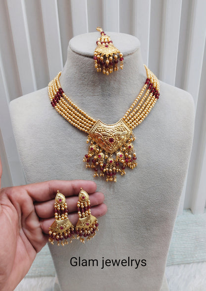 Ruby Gold Jadau Punjabi Style Necklace Indian Jewellery Smith Set