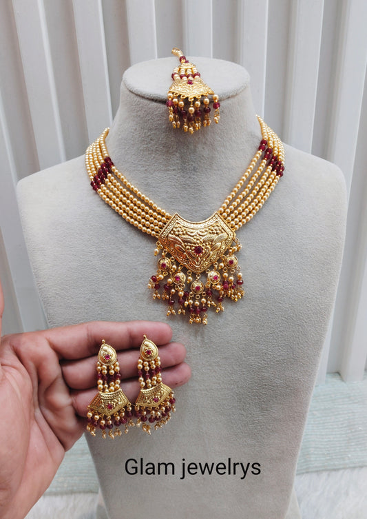 Ruby Gold Jadau Punjabi Style Necklace Indian Jewellery Smith Set