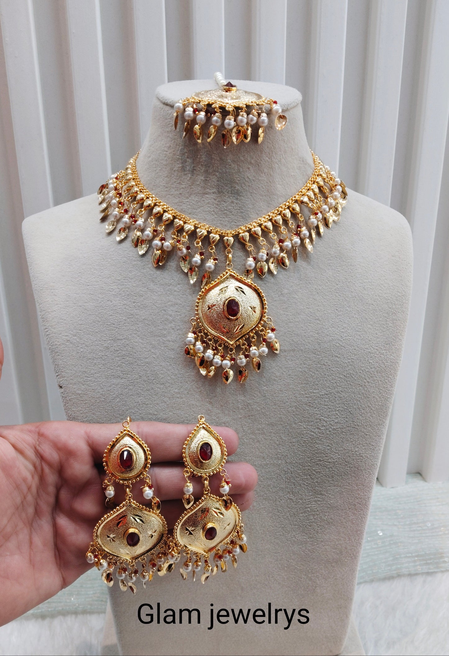 Maroon Gold Jadau Punjabi Style Necklace Indian Jewellery Smith Set