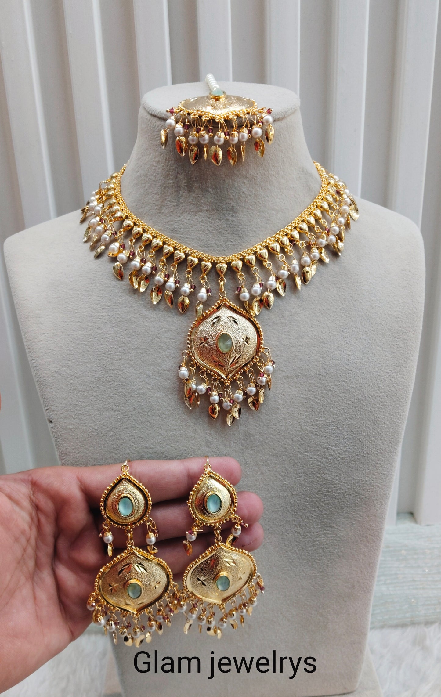 Pastel Green Gold Jadau Punjabi Style Necklace Indian Jewellery Smith Set