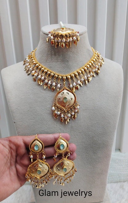 Pastel Green Gold Jadau Punjabi Style Necklace Indian Jewellery Smith Set