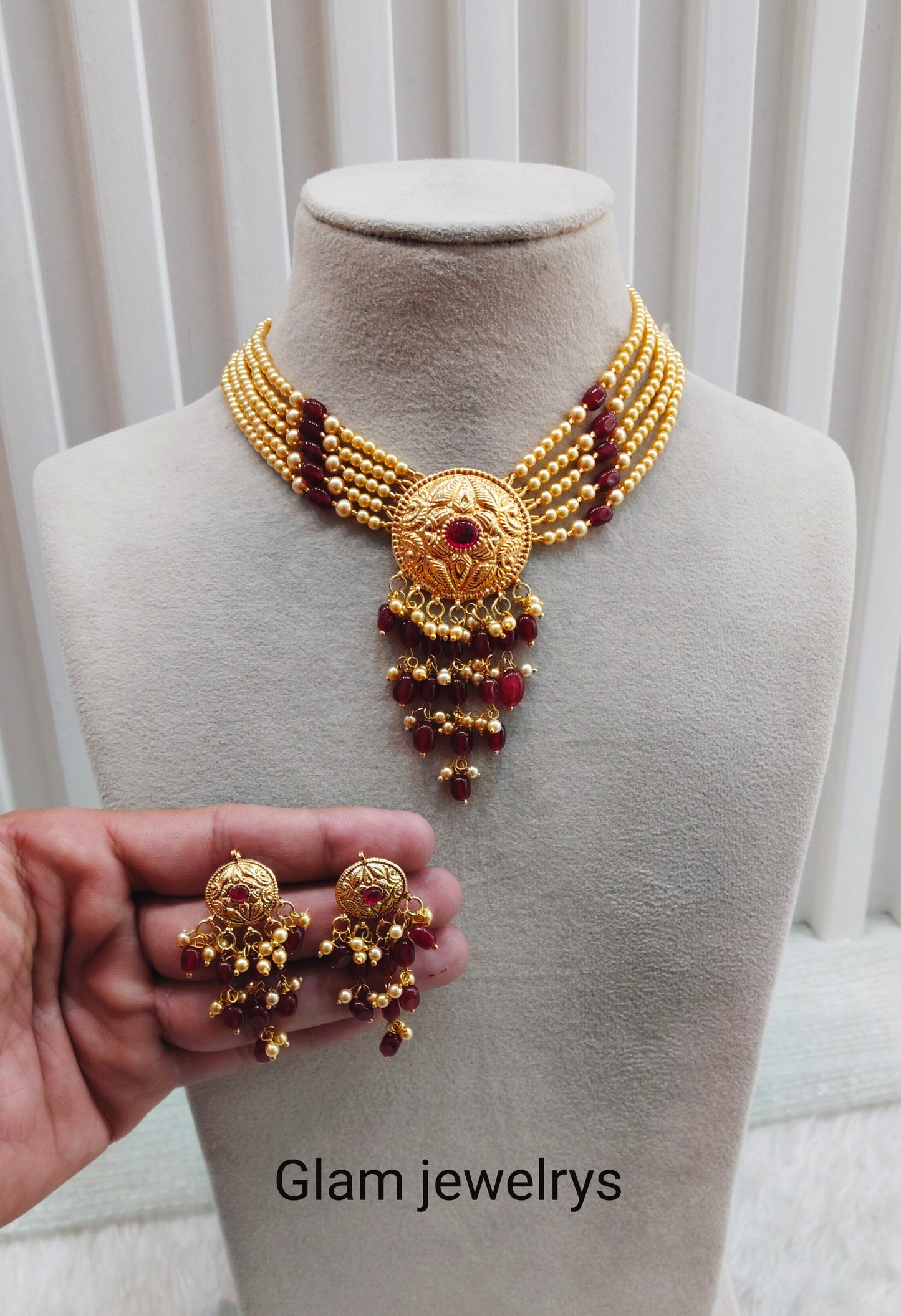 Maroon Gold Jadau Punjabi Style Necklace Indian Jewellery Smith Set