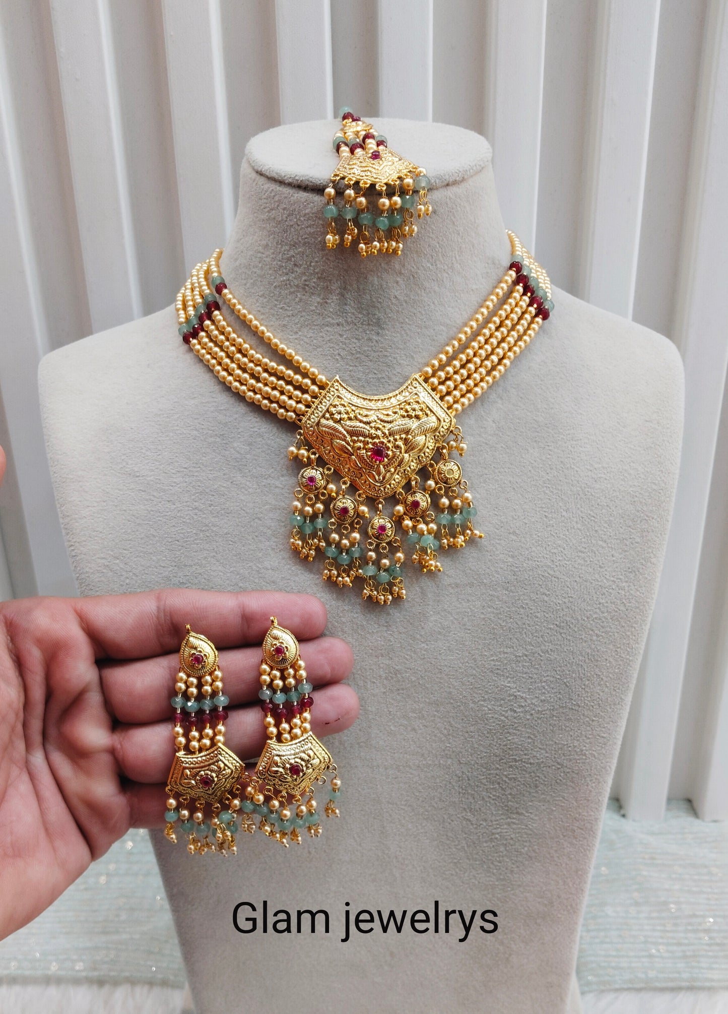 Ruby Sea Green Gold Jadau Punjabi Style Necklace Indian Jewellery Smith Set