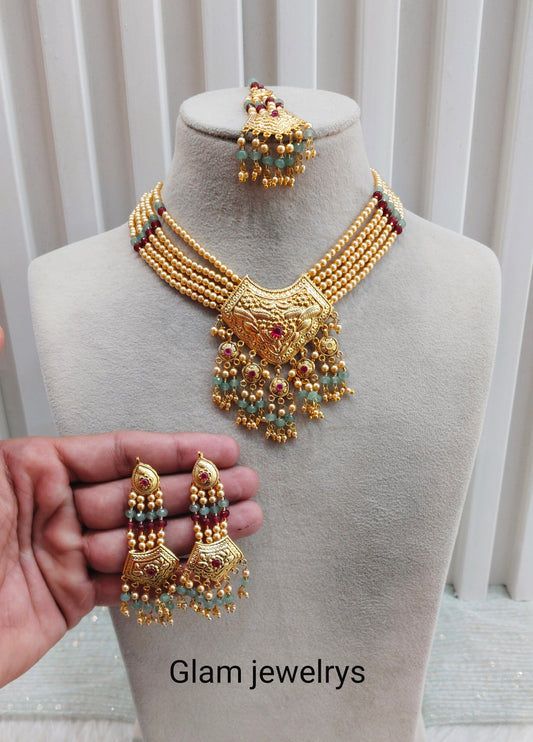 Ruby Sea Green Gold Jadau Punjabi Style Necklace Indian Jewellery Smith Set