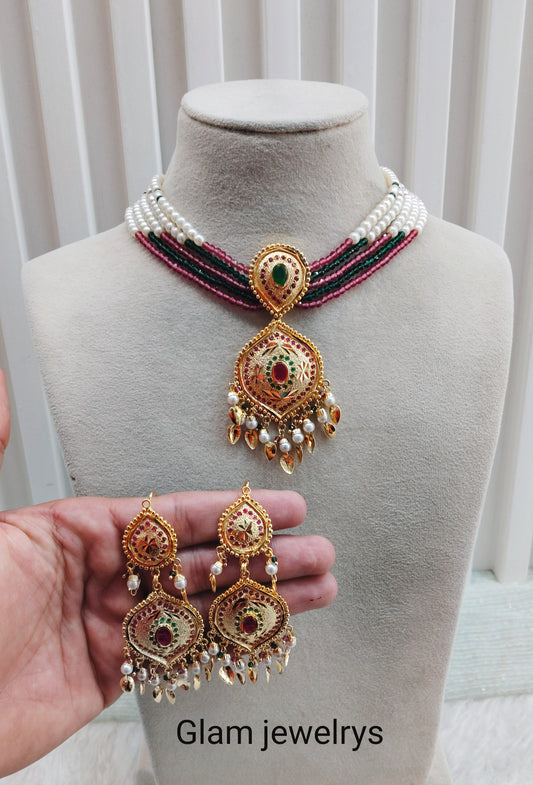 Ruby Green Gold Jadau Punjabi Style Necklace Iindian Jewellery Smith Set