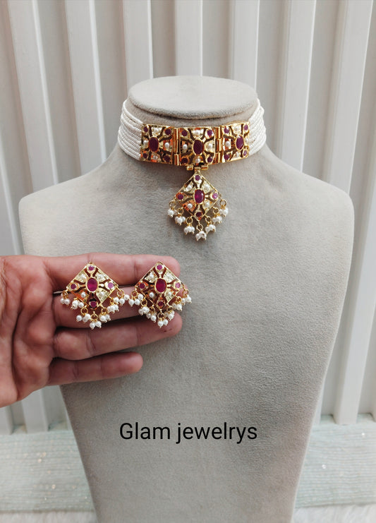 Ruby Gold Jadau Punjabi Style Choker Indian Jewellery Smith Set