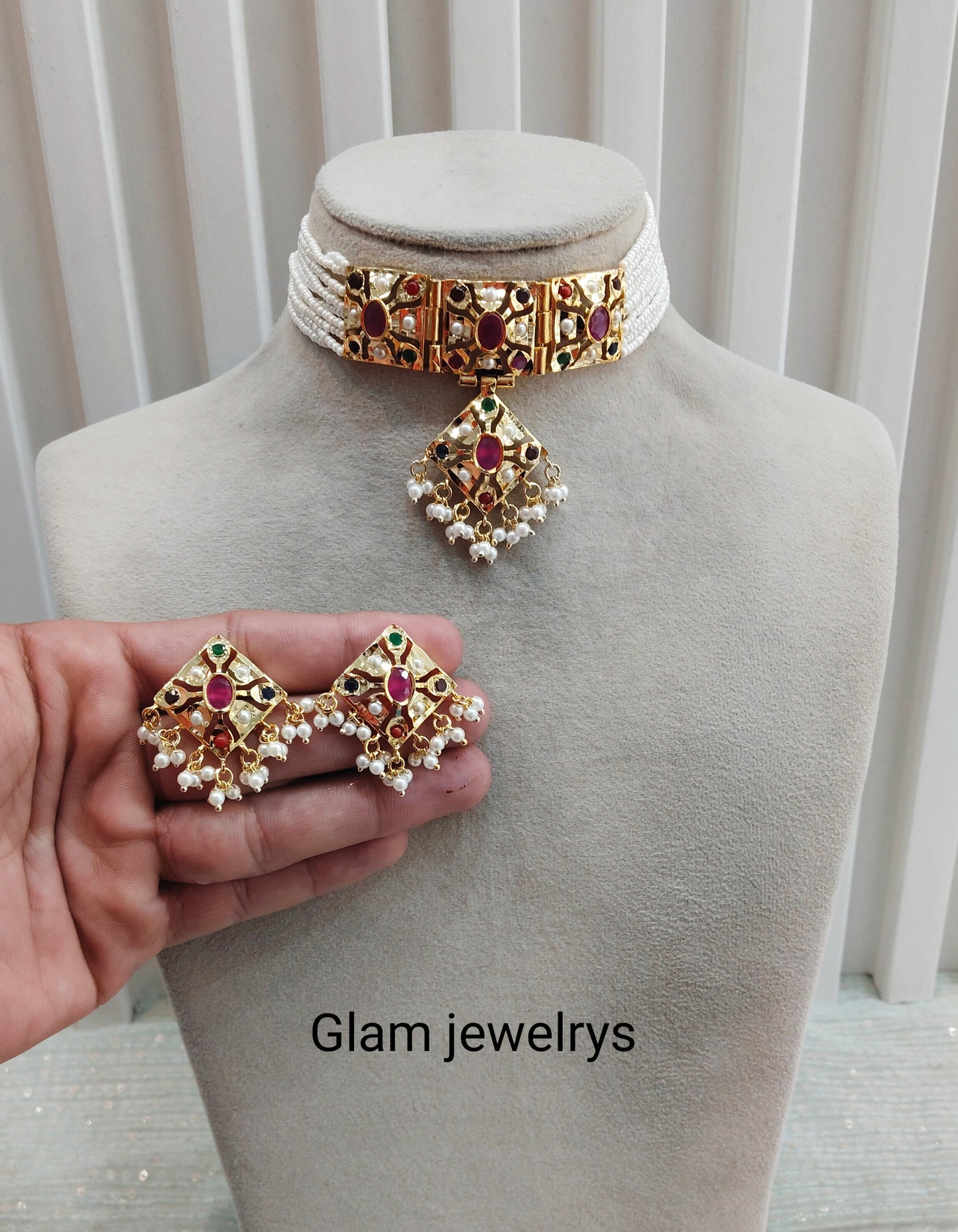Multi Color Gold Jadau Punjabi Style Choker Indian Jewellery Smith Set