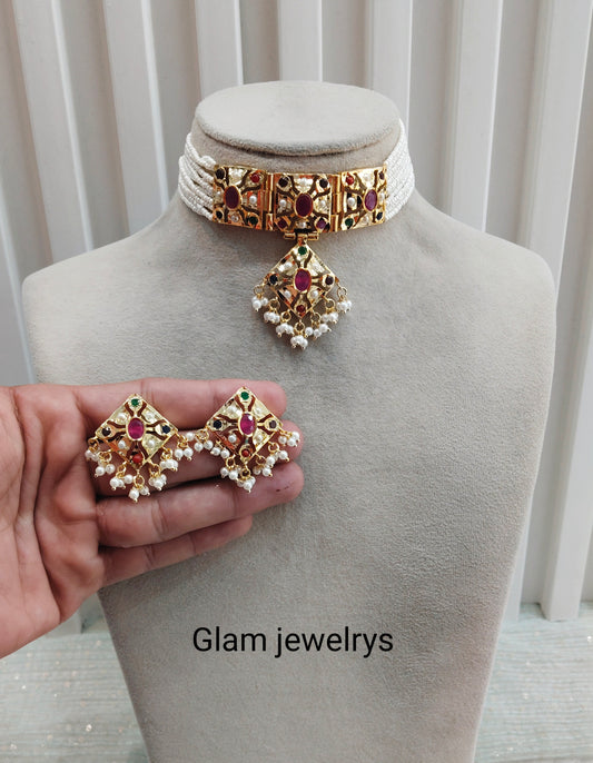 Multi Color Gold Jadau Punjabi Style Choker Indian Jewellery Smith Set
