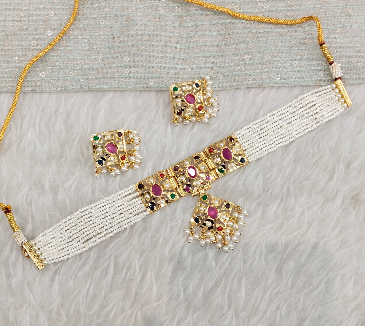Multi Color Gold Jadau Punjabi Style Choker Indian Jewellery Smith Set