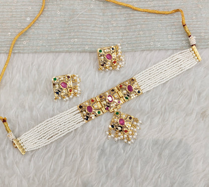 Multi Color Gold Jadau Punjabi Style Choker Indian Jewellery Smith Set