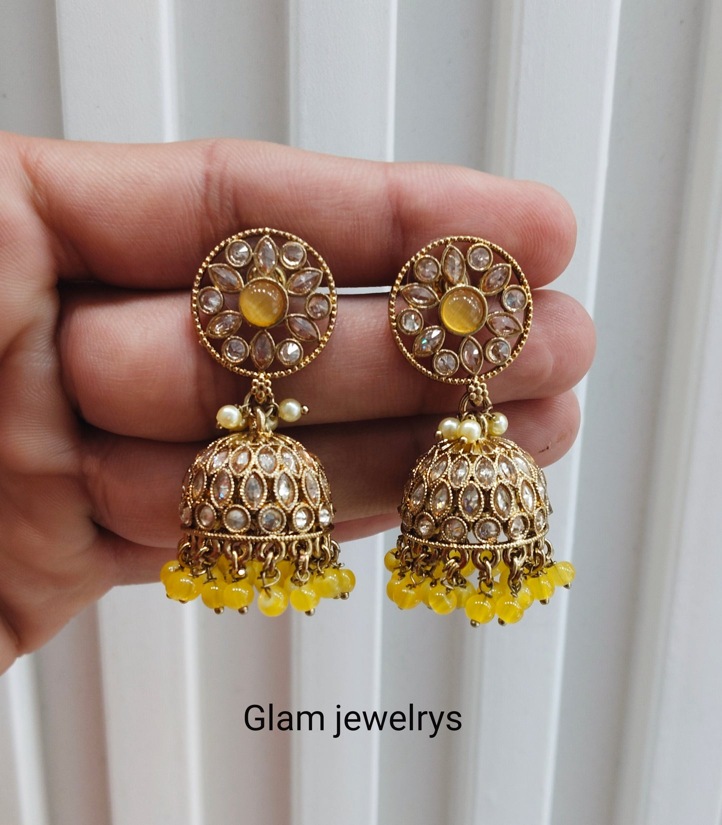 Yellow Antique Gold Jhumki Bollywood indian Earrings