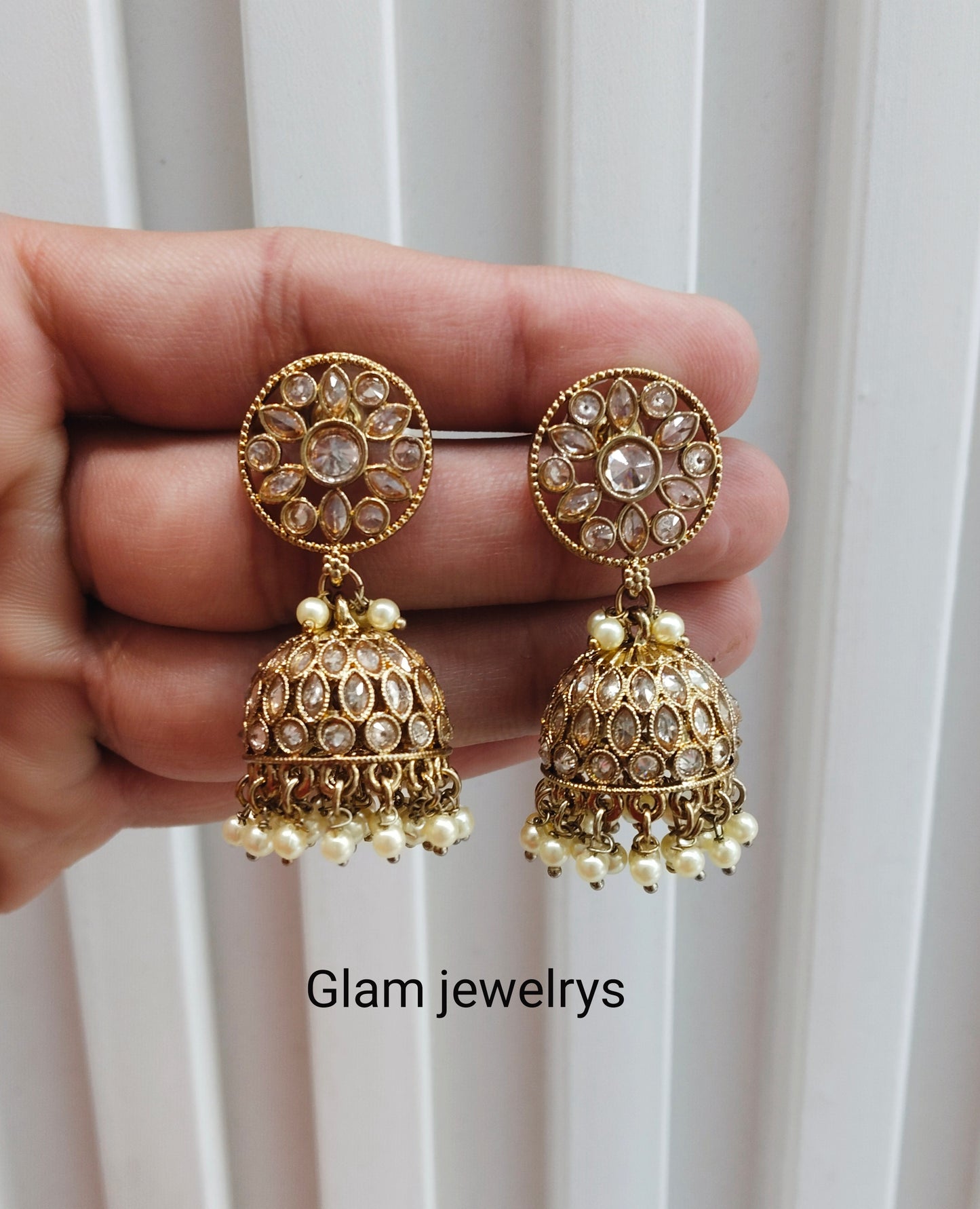 White Antique Gold Jhumki Bollywood indian Earrings