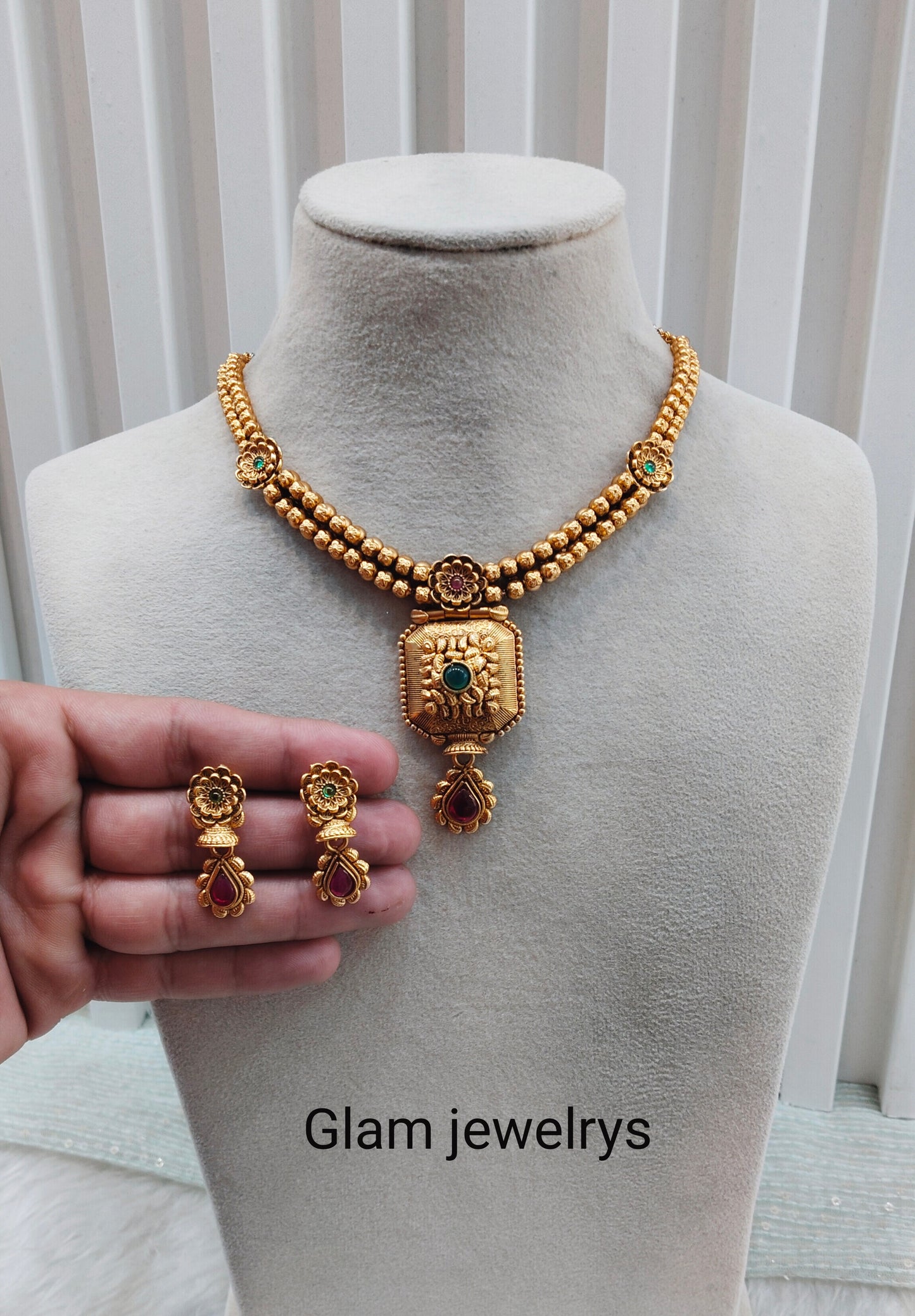 Ruby Green Gold Polki Necklace Indian Jewellery Harf Set