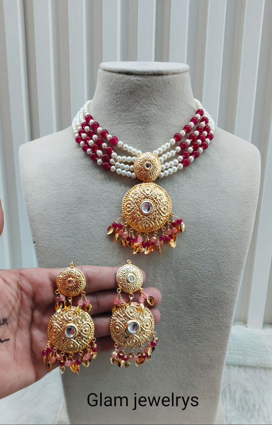 Ruby Pink Gold Jadau Punjabi Style Choker Indian Jewellery Worldwide Set