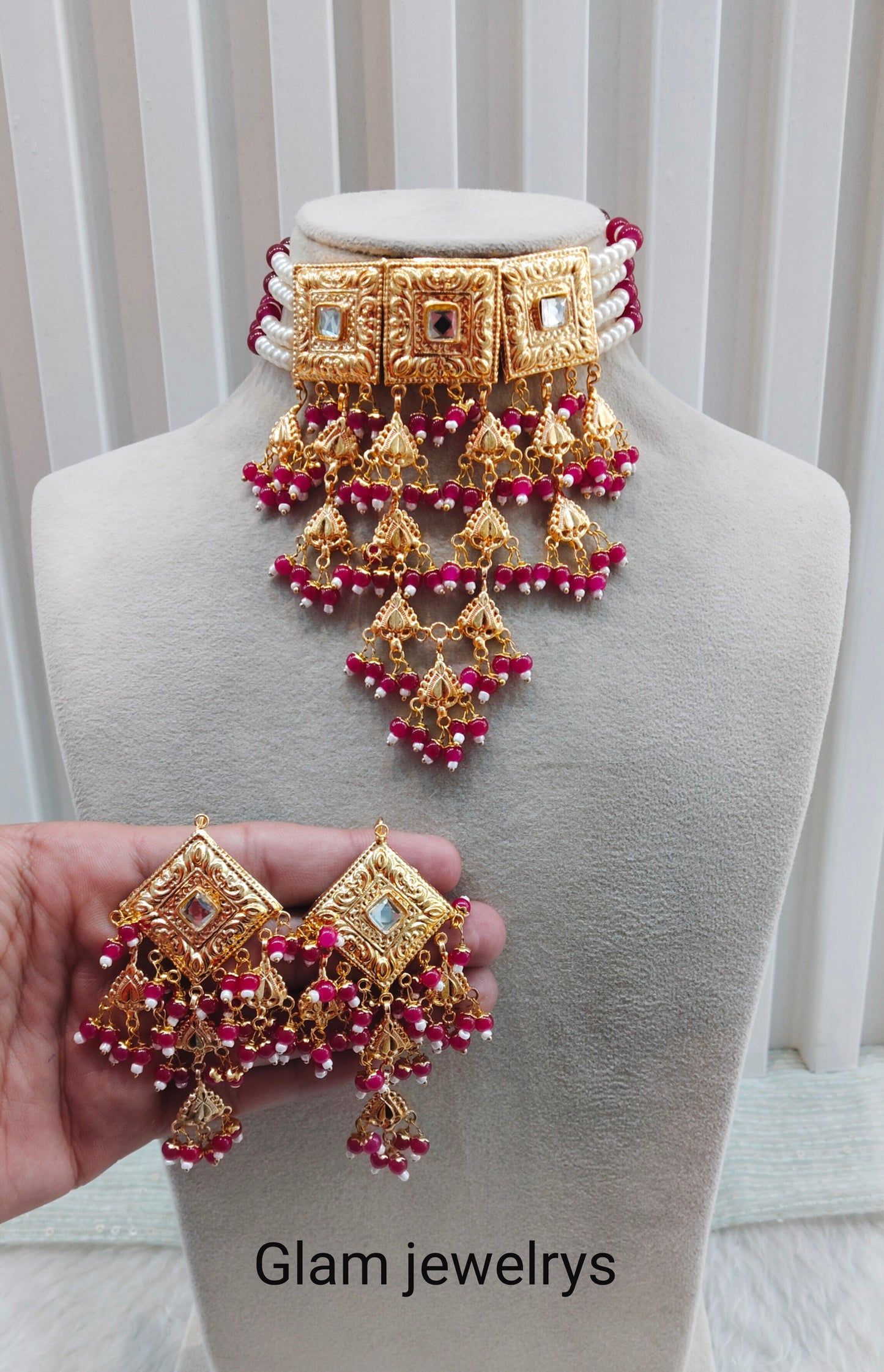 Majenta  Gold Jadau Punjabi Style Choker Indian Jewellery Smith Set