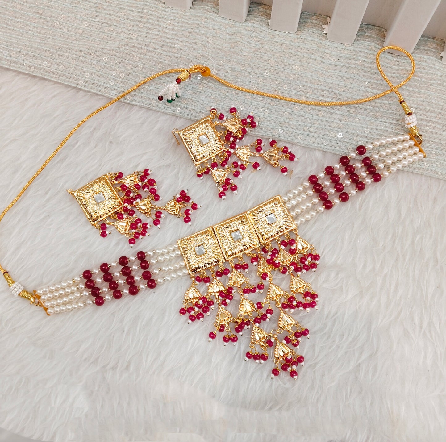 Majenta  Gold Jadau Punjabi Style Choker Indian Jewellery Smith Set