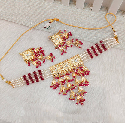 Majenta  Gold Jadau Punjabi Style Choker Indian Jewellery Smith Set