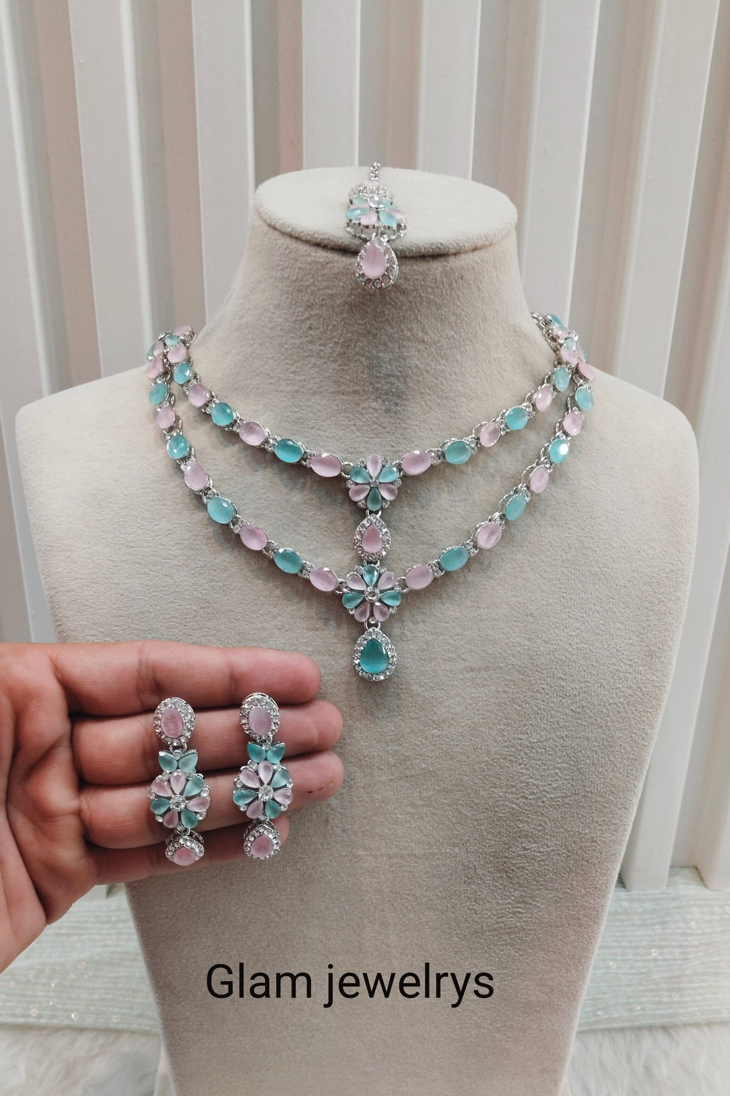 Mint pink Silver CZ Necklace Indian Jewellery Harteij Set
