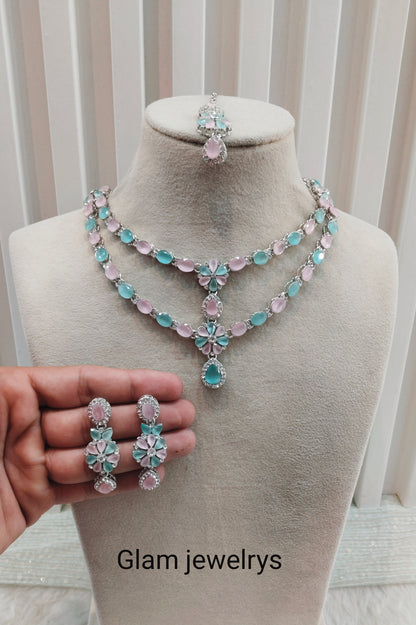 Mint pink Silver CZ Necklace Indian Jewellery Harteij Set