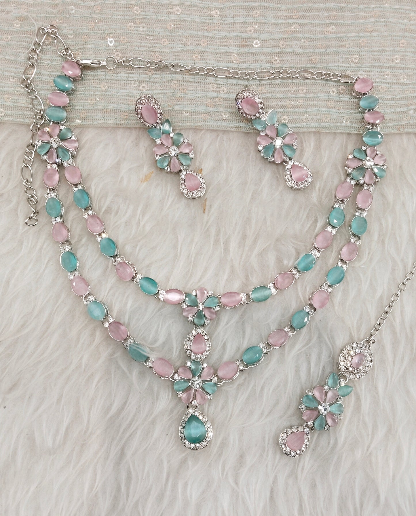 Mint pink Silver CZ Necklace Indian Jewellery Harteij Set