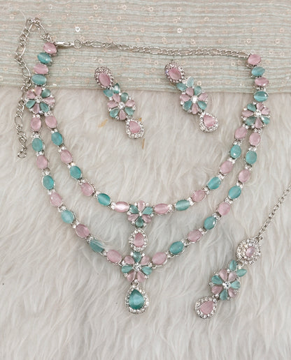 Mint pink Silver CZ Necklace Indian Jewellery Harteij Set