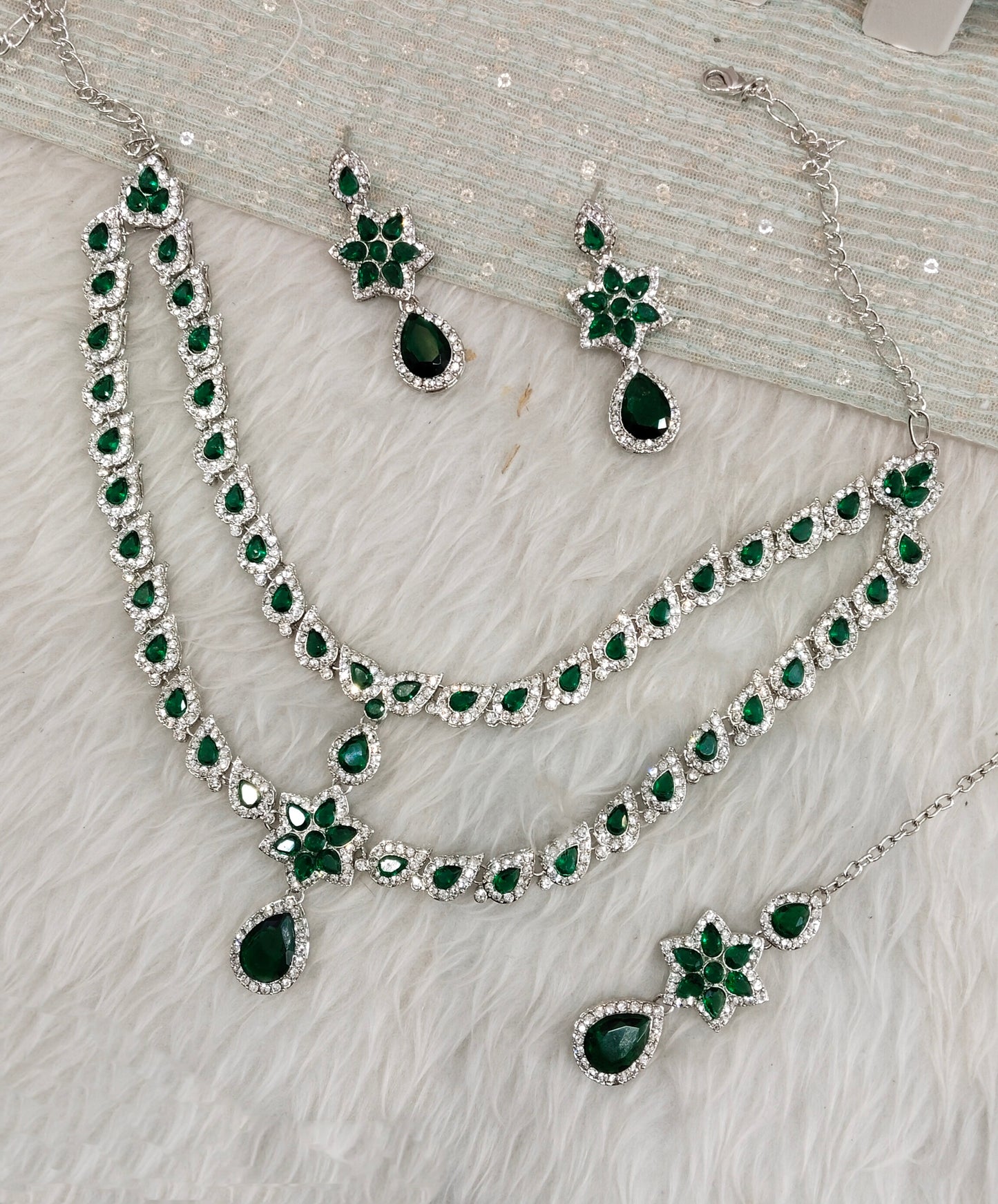 Green Silver CZ Necklace Indian Jewellery Harteij Set