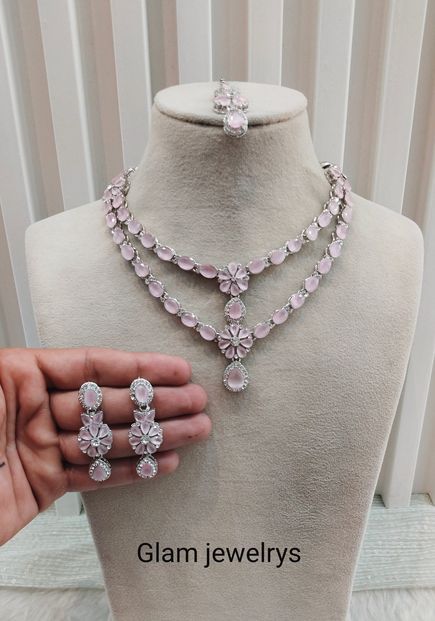 Pink Silver CZ Necklace Indian Jewellery Harteij Set