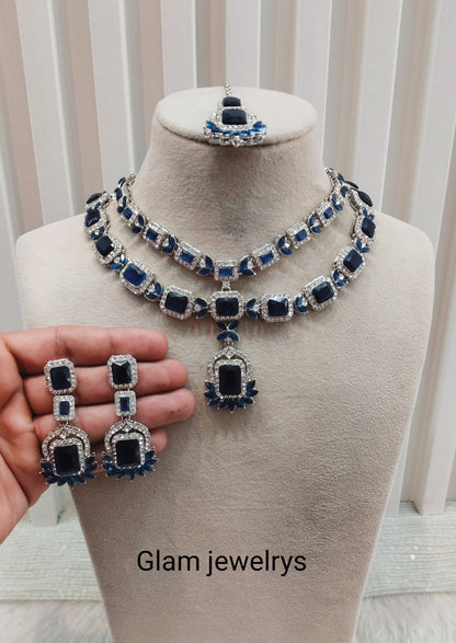 Blue Silver CZ Necklace Indian Jewellery Gajrup Set